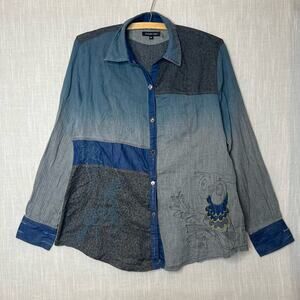Como No Ombre Size XL Denim Embroidered Button Front Top Patchwork Owl Shirt